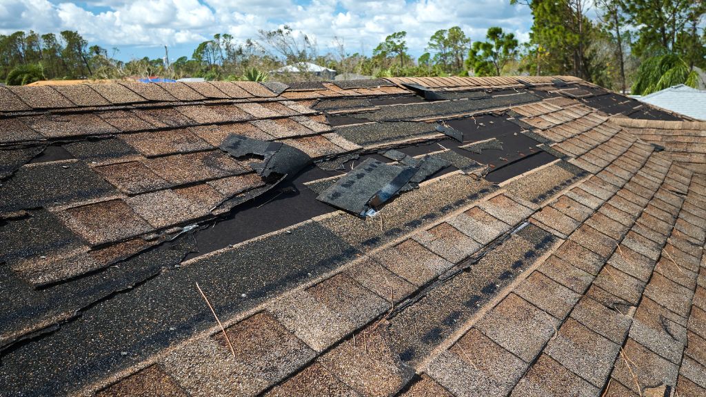 damaged roof with missing shingles