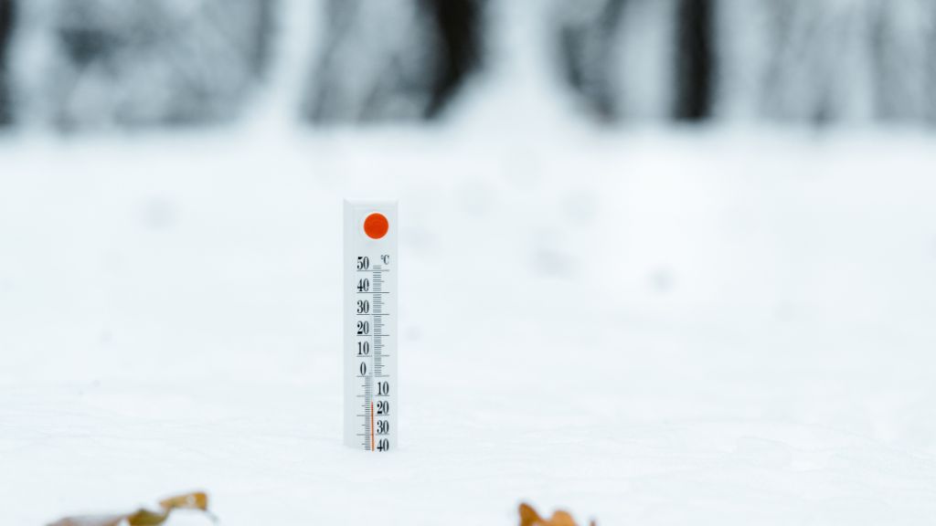 A thermometer in snow showing 20 degrees.